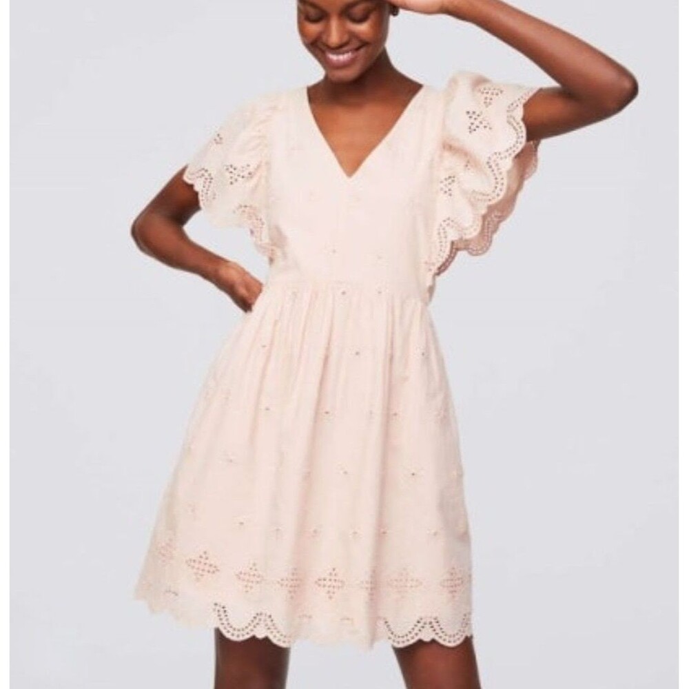 LOFT Size S Blush Pink Eyelet Dress V-Neck Short Flutter Sleeve Cotton
